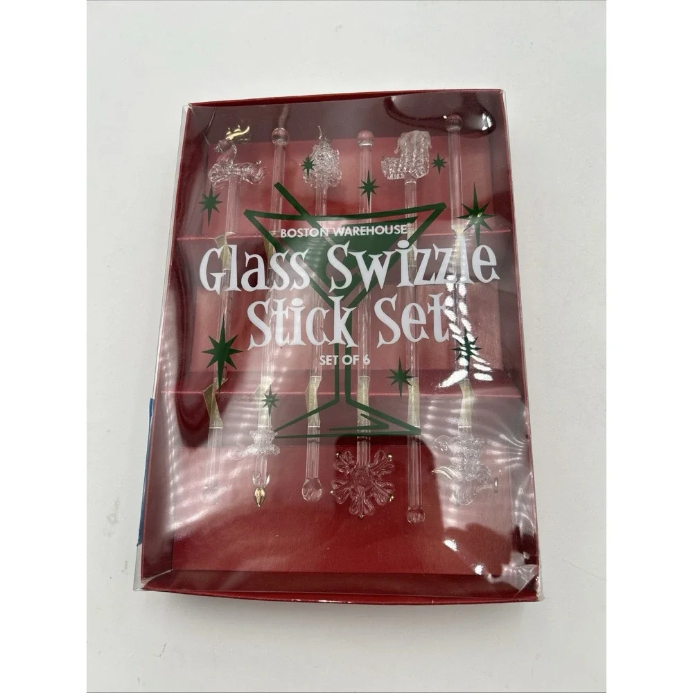 Vintage‎ Christmas Glass Swizzle Sticks Boston Warehouse Set of (6) 2002